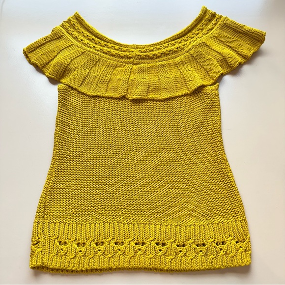 Anthropologie Off The Shoulder Ruffled Knit Cotton Sweater Mustard Crochet M - Picture 7 of 14